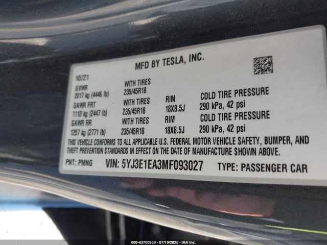 2021 TESLA MODEL 3 5YJ3E1EA3MF093027 Photo 8