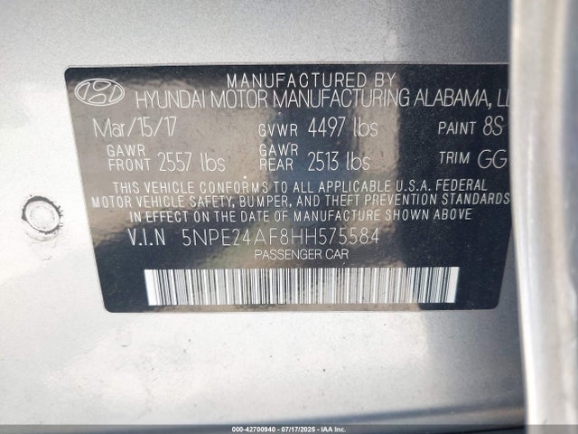 Hyundai 2017 2017 5NPE24AF8HH575584 Image 9