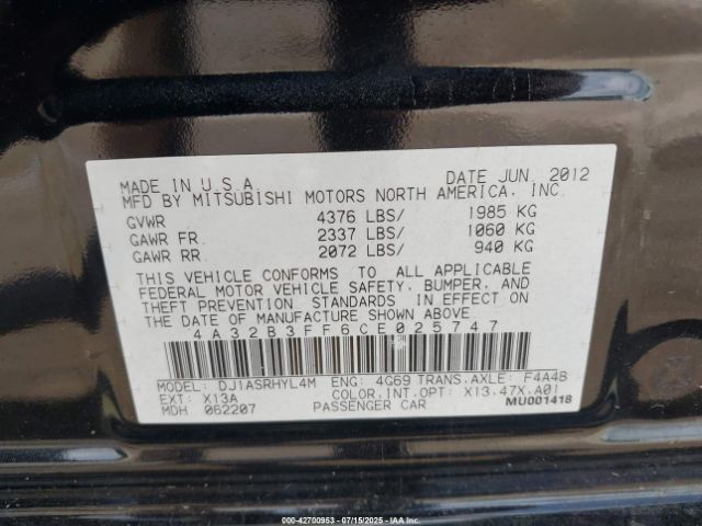 2012 MITSUBISHI GALANT 4A32B3FF6CE025747 Photo 8