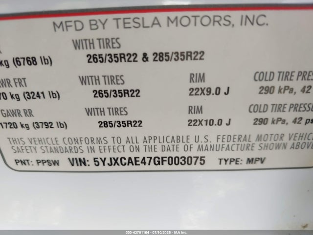 5YJXCAE47GF003075 Tesla MODEL X