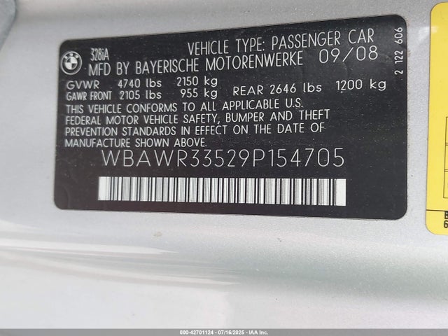 Продаж на аукціоні авто 2009 Bmw 328i, vin: WBAWR33529P154705, номер лоту: 42701124