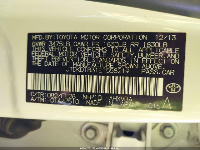 JTDKDTB31E1558219 Toyota 1nz-fxe+1lm