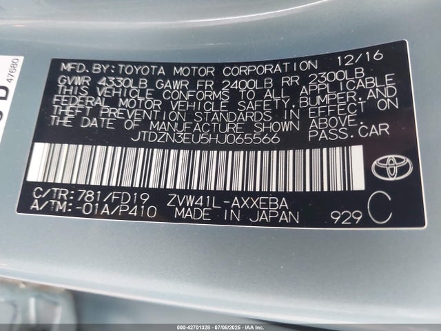 JTDZN3EU5HJ065566 Toyota 2zr-fxe, 5jm