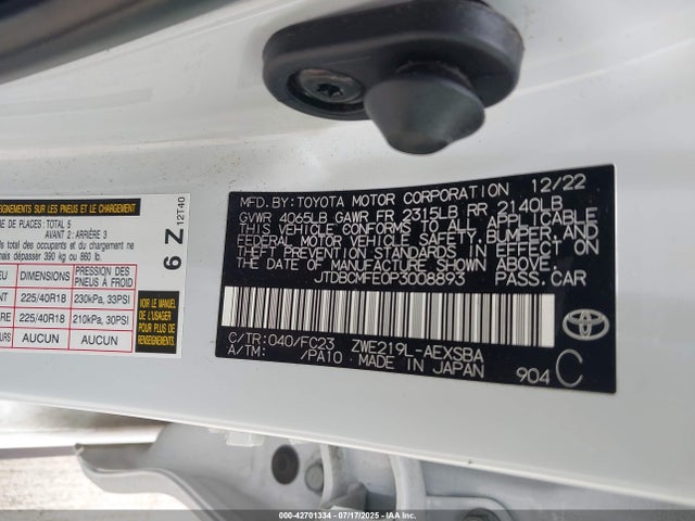 JTDBCMFE0P3008893 Toyota 2zr-fxe, 1vm