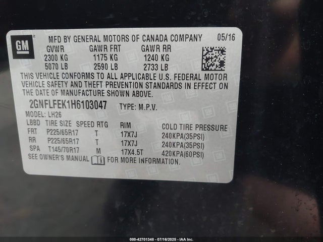 Chevrolet lea - sidi: spark ignited direct injection, e85 max, alum 2017 2GNFLFEK1H6103047 Image 9