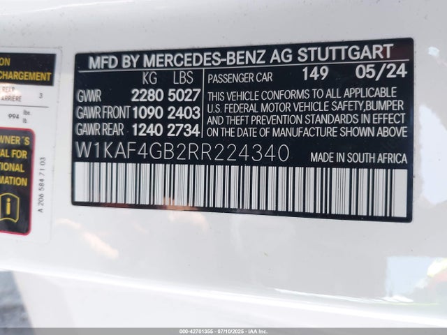 W1KAF4GB2RR224340 Mercedes-Benz m254