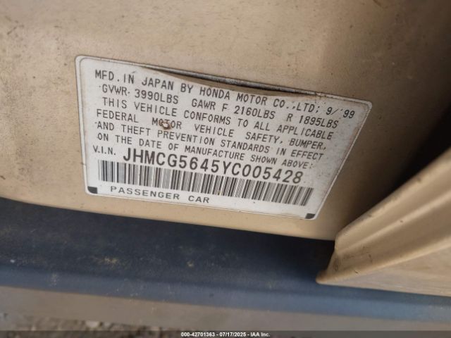 2000 HONDA ACCORD JHMCG5645YC005428 Photo 8