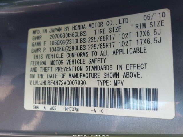 42701382 :رقم المزاد ، JHLRE4H72AC007990 vin ، 2010 Honda Cr-v Ex-l مزاد بيع