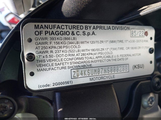 2022 APRILIA TUONO ZD4KSUM07NS000288 Photo 9