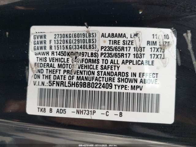 2011 HONDA ODYSSEY 5FNRL5H69BB022409 Photo 8