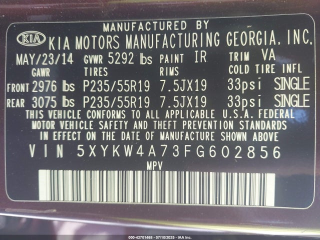 5XYKW4A73FG602856 KIA gasoline 3.3 v6 gdi lambda ii