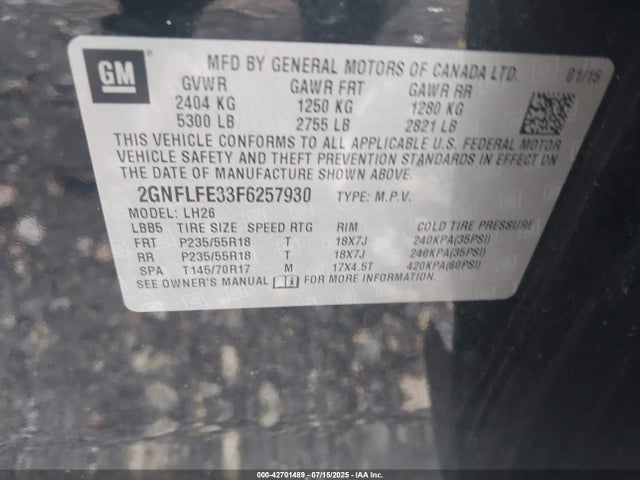 Chevrolet lfx - sidi, vvt, e85 max, alum 2015 2GNFLFE33F6257930 Image 9
