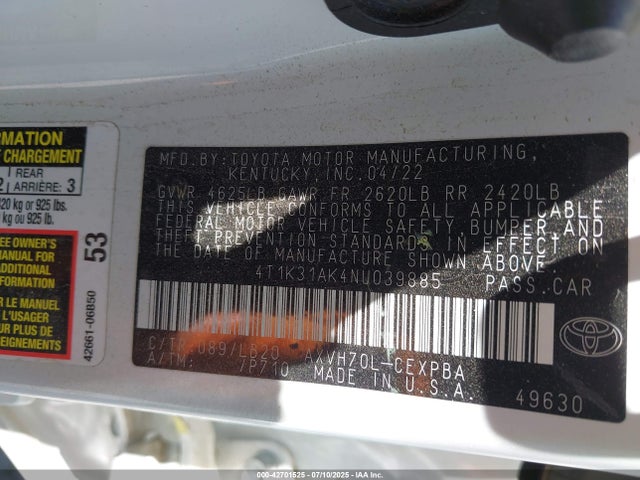 Toyota a25a-fxs, 3nm 2022 4T1K31AK4NU039885 Image 9