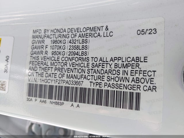 1HGCY1F27PA033667 Honda l15be