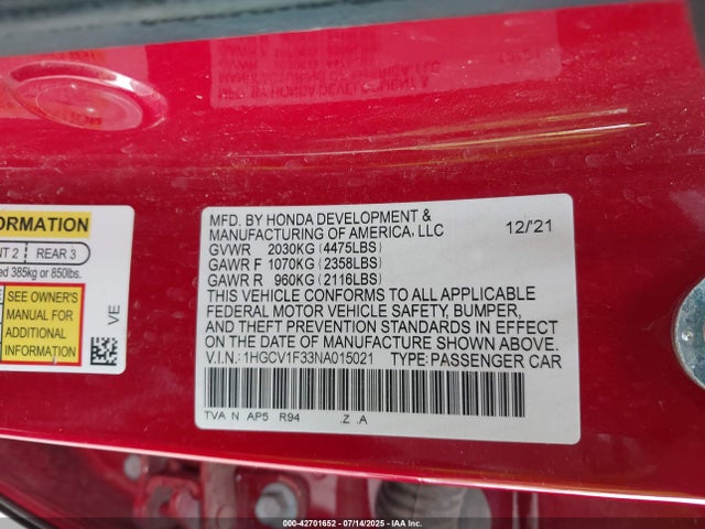 1HGCV1F33NA015021 Honda l15be