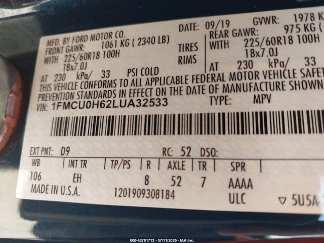 Ford 2020 2020 1FMCU0H62LUA32533 Image 9