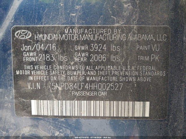 5NPD84LF4HH002527 Hyundai Elantra