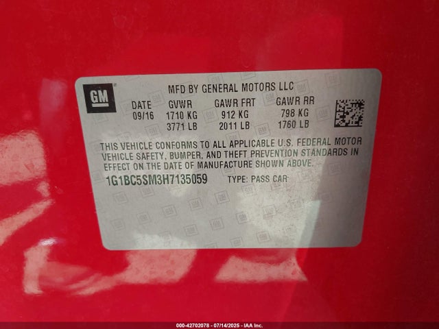 1G1BC5SM3H7135059 Chevrolet le2 -di: direct injection, vvt: variable valve timing, gen, alum