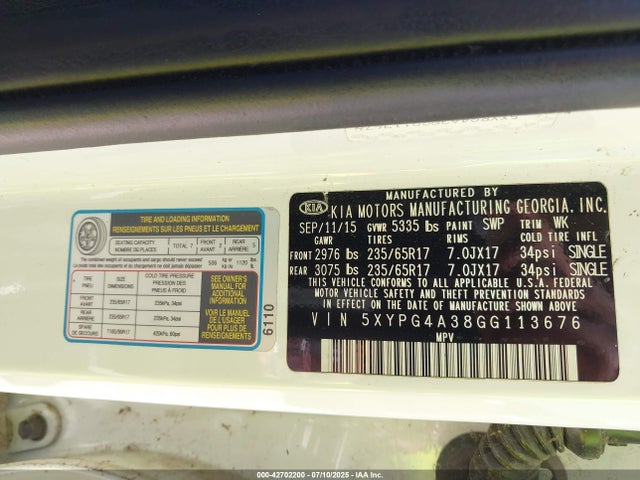 5XYPG4A38GG113676 KIA dohc gdi theta ii
