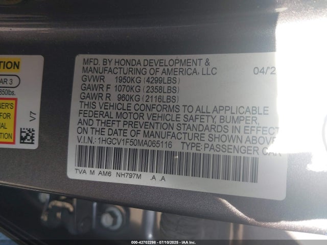 1HGCV1F50MA065116 Honda l15be