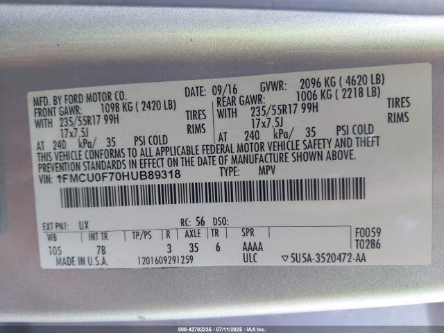 Ford 2.5l i-vct 2017 1FMCU0F70HUB89318 Image 9