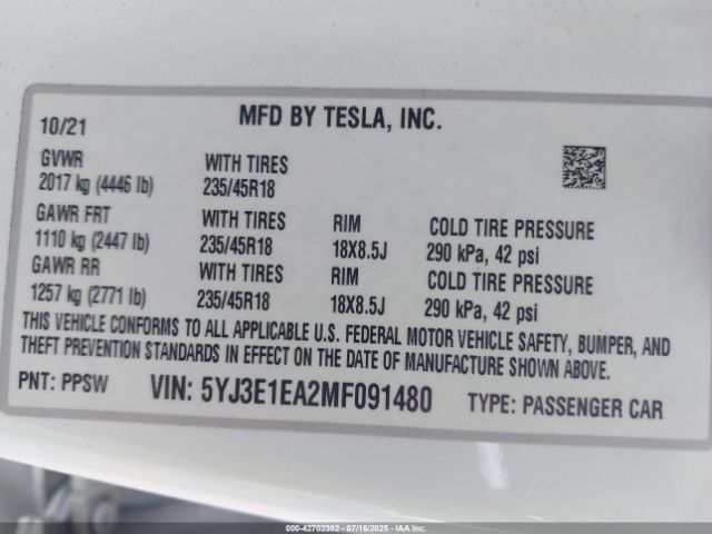 2021 TESLA MODEL 3 5YJ3E1EA2MF091480 Photo 8