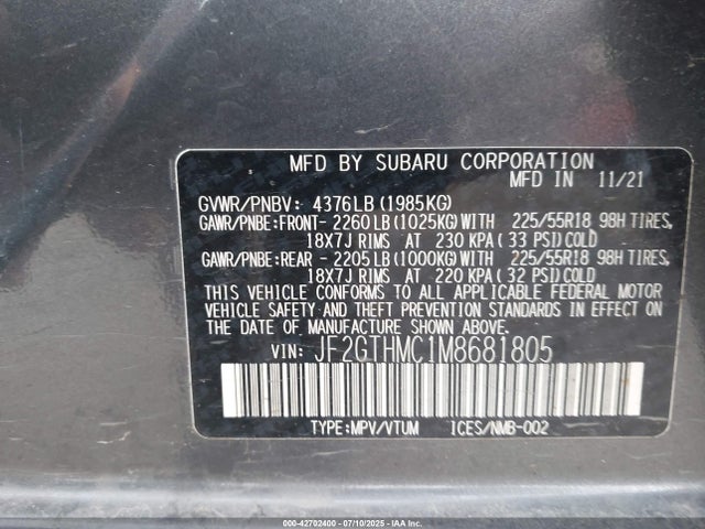 Subaru na 2021 JF2GTHMC1M8681805 Image 9