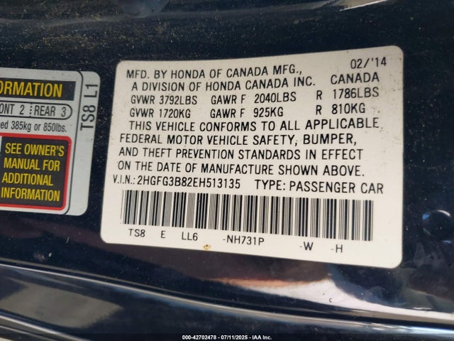Honda r18z1 2014 2HGFG3B82EH513135 Image 9