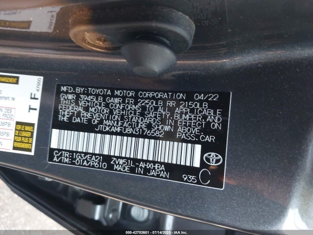 JTDKAMFU8N3176582 Toyota 2zr-fxe,1nm
