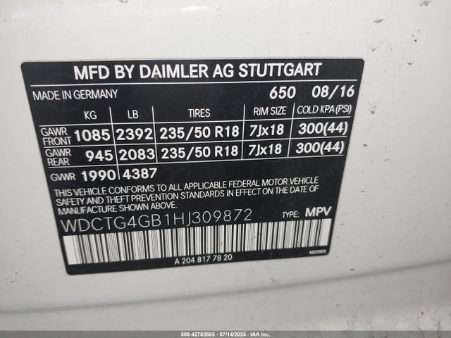 Продаж на аукціоні авто 2017 Mercedes-benz Gla 250 4matic, vin: WDCTG4GB1HJ309872, номер лоту: 42702685