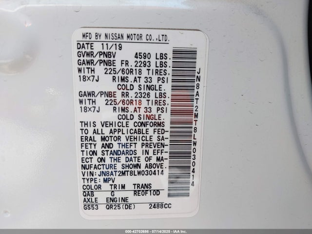 JN8AT2MT8LW030414 Nissan Rogue Sv Fwd