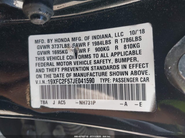 Honda k20c2 2018 19XFC2F57JE041590 Image 9