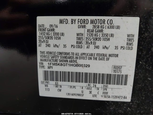 1FM5K8GT1HGB00329 Ford 3.5l gtdi