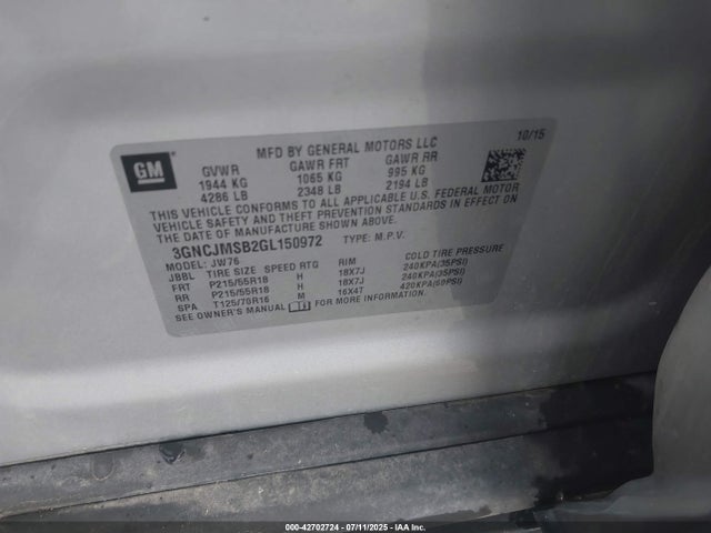 Chevrolet luv - mfi, vvt, alum, gme e85 max 2016 3GNCJMSB2GL150972 Image 9