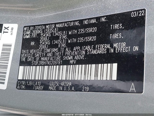 5TDFZRBH7NS209781 Toyota 2gr-fks