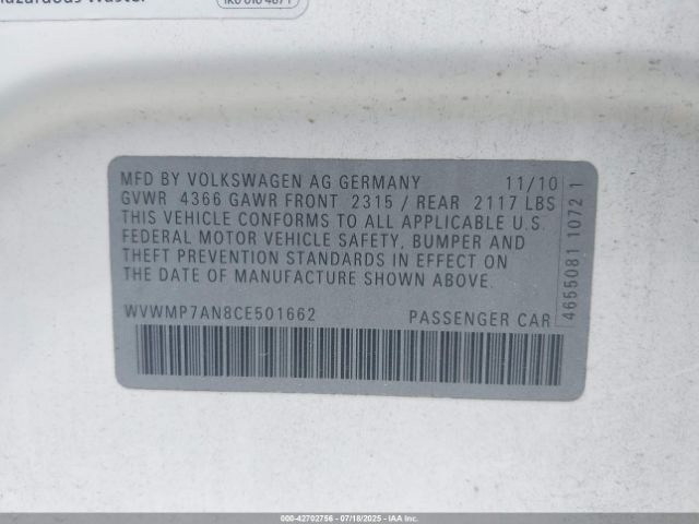 2012 VOLKSWAGEN CC WVWMP7AN8CE501662 Photo 8