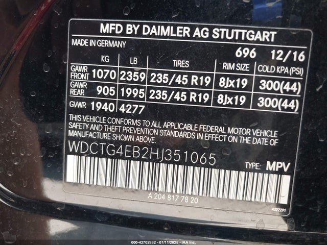 WDCTG4EB2HJ351065 Mercedes-Benz m270