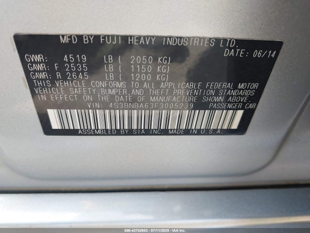 Subaru 2.5l u6 2015 4S3BNBA63F3005239 Image 9