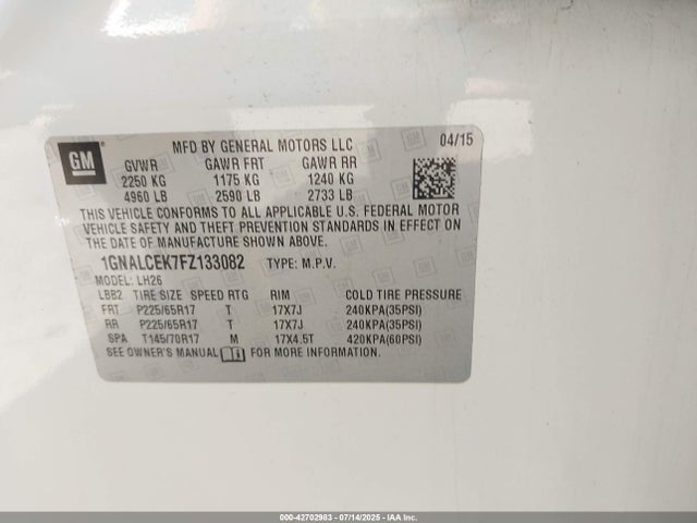 1GNALCEK7FZ133082 Chevrolet lea - flex fuel (gas/alc), aluminum, ho,