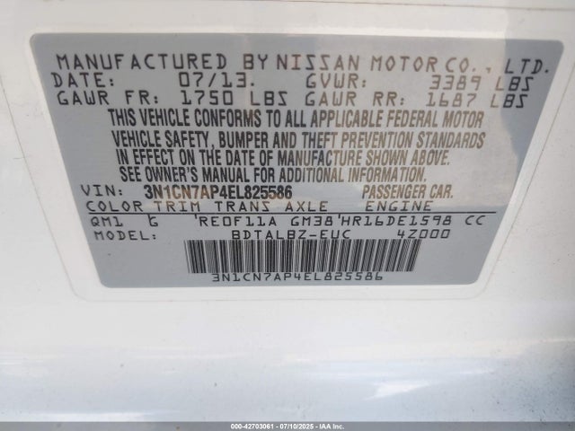 3N1CN7AP4EL825586 Nissan Versa