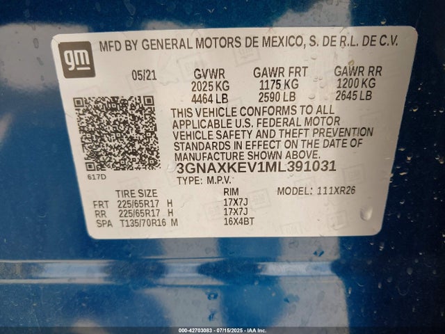 3GNAXKEV1ML391031 Chevrolet lyx