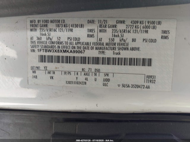 1FTBW3X8XMKA99067 Ford 3.5l v6 cyclone