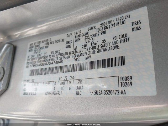 1FMCU0GD0JUA74048 Ford 1.5l gtdi sigma w/premium fuel