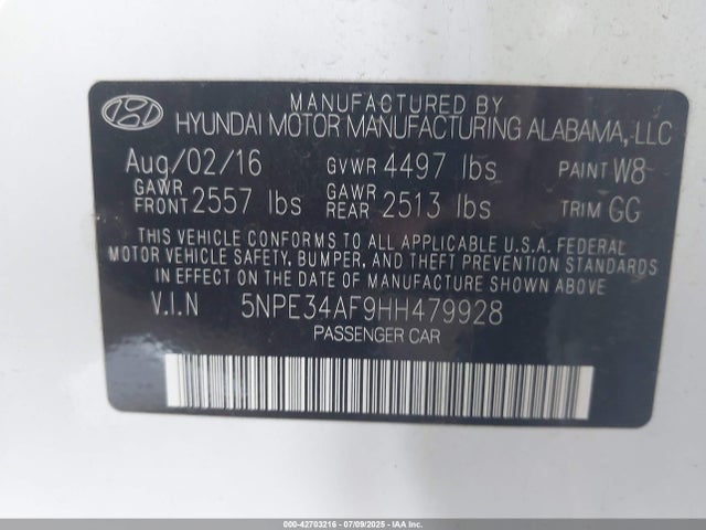 5NPE34AF9HH479928 Hyundai 2017