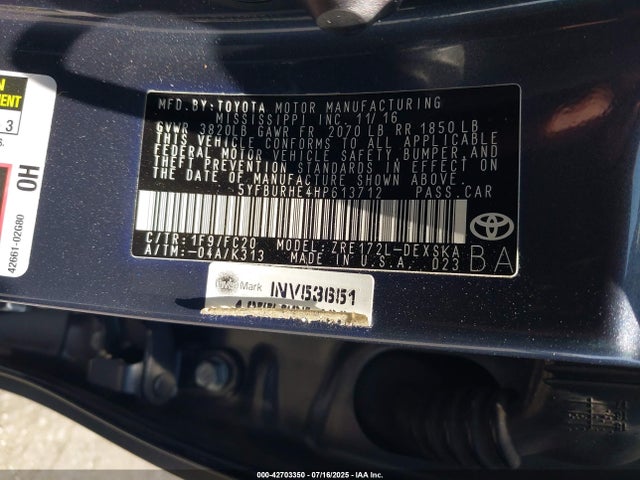 5YFBURHE4HP613712 Toyota 2zr-fe