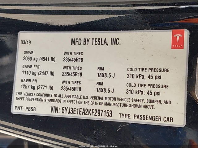 Tesla MODEL 3 2019 5YJ3E1EA2KF297153 Image 9