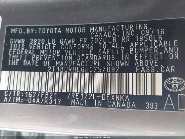 2017 TOYOTA COROLLA 2T1BURHE6HC757097 Photo 8