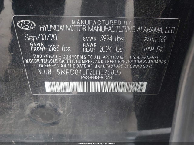 5NPD84LF2LH626805 Hyundai mpi nu