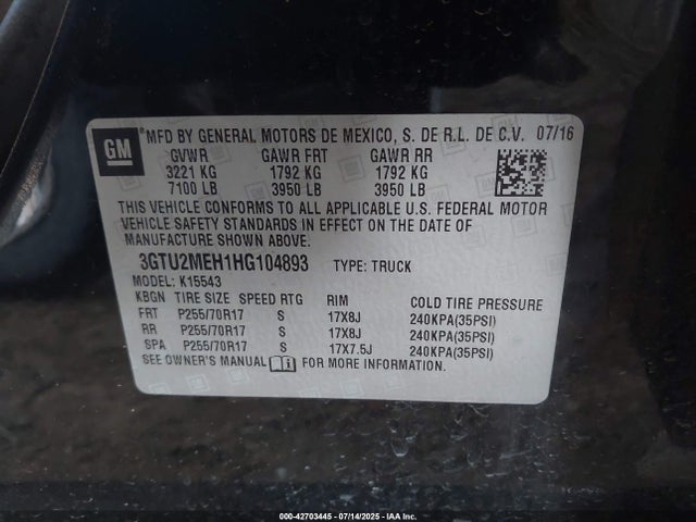 3GTU2MEH1HG104893 GMC lv3 - sidi: spark ignited direct injection, vvt: variable valve timing, e85 max, alum, gen 5