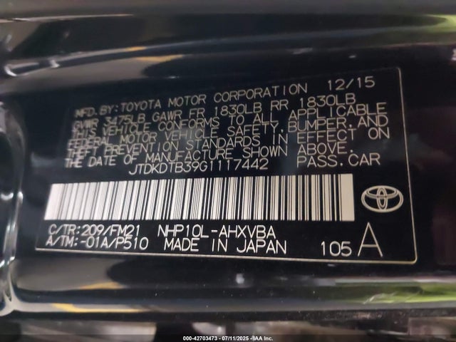 JTDKDTB39G1117442 Toyota 1nz-fxe+1lm